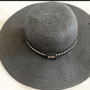 Juicy Couture Black Straw Floppy Hat studded decor with juicy logo in gold